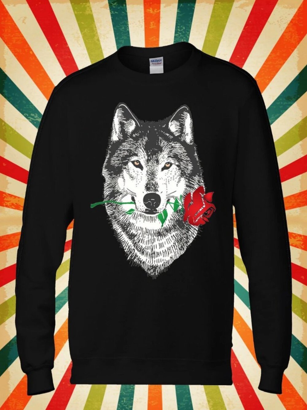 Vintage Style Wolf & Rose Art Black Crew Neck Sweatshirt Men Women Casual Pullov